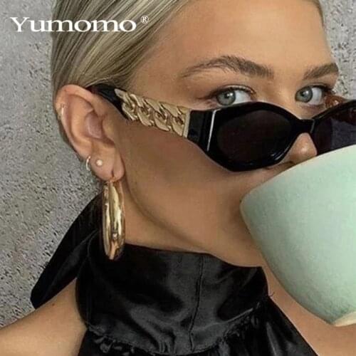 2021 Trend Modern Womens Rectangle Sunglasses Brand Designer Chain Element Decorative Vintage Black Square Sun Glasses Lunettes