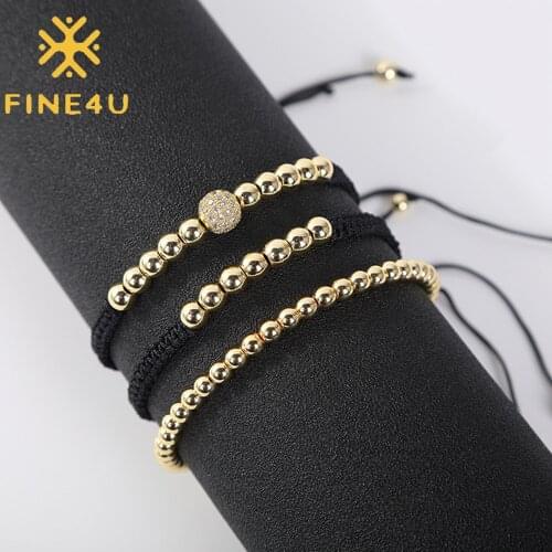 FINE4U B348 Handmade 6MM Beads Balls Braided Beaded Bracelet Bangles Adjustable Rope Chain Bracelet For Men Women