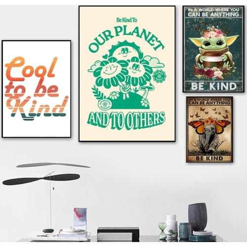 Be Kind Retro Poster Elephant With Butterfly Vintage Prints Mental Health Art Quote Canvas Paitning Wall Pictures Home Decor