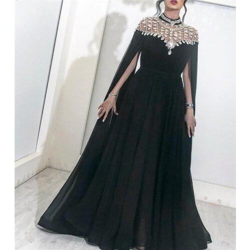 Dubai Kftan Muslim Evening Dresses High Neck Caped Crystals Chiffon Saudi Arabic Formal Evening Gown Long Prom Dress In Stock