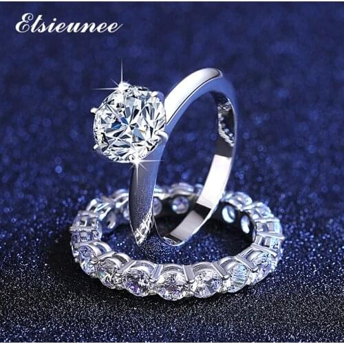 ELSIEUNEE Real 925 Sterling Silver 1CT Bridal Moissanite Ring Sets Wedding Engagement Proposal Rings For Women Fine Jewelry Gift