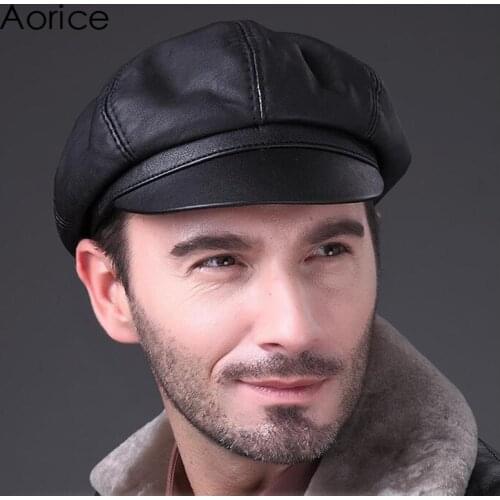 Aorice Genuine Soft Leather Driving Flat Cap 2020 Autumn Winter Mens Stylish Fashion Outdoors Sport Keep Warm Hat Black HL010