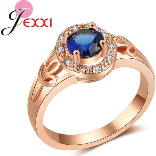 Pretty Hollow High Quality 4 Claws Setting Round Blue CZ Stone Genuine Rose Gold Rings For Woman Girls Party Accessories