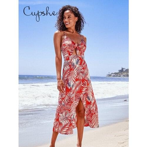CUPSHE Red Tropical Cutout Knotted Midi Dress For Woman Sexy V-neck Spaghetti Straps Beach Dress 2021 Summer Sundress Vestidos