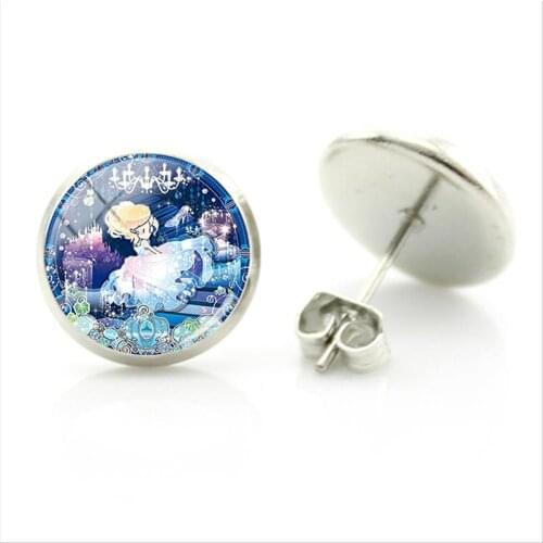 Disney Fashion Cartoon Princess Pattern New Stud Earrings Glass Cabochon White Snow White Princess Princess Picture Earrings