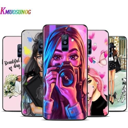 Fashion Female Girl For Samsung Galaxy A3 A5 A6 A7 A8 A9 A6S A8S A9S Star Plus 2016 2017 2018 Black Toft TPU Phone Case