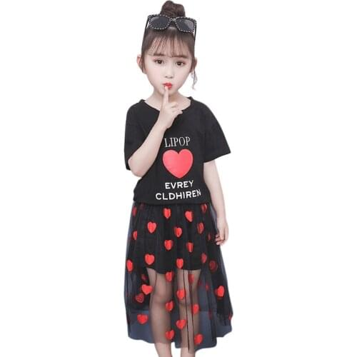 New Summer Baby Girls Casual Heart Letter Print Tops T-shirt Blouse + Mesh Skirts Toddler Costume Set