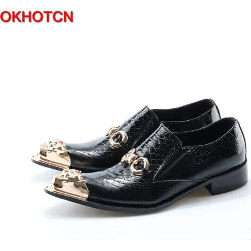 OKHOTCN Brand Snakeskin Leather Men Oxford Shoes Gold Hasp Business Men Pointed Toe Shoes Black Men Wedding Dress Boat Shoes