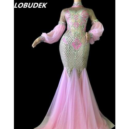 Super Sparky Rhinestones Pink Trailing Dress Nightclub DJ Female Singer Costume Bar Party Celebration Dress Catwalk Stage wears