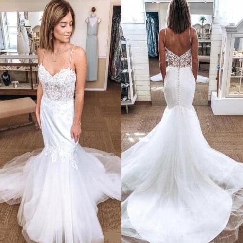 Sexy Slim Mermaid Wedding Dress Beach Spaghetti Straps Backless Illusion Lace Applique Tulle Wedding Dress Bridal Gowns Custom