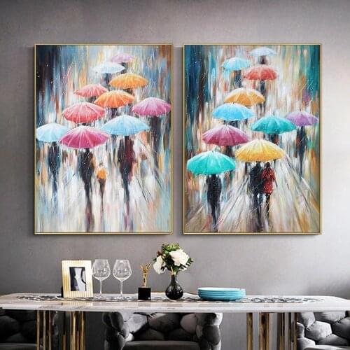 Modern Abstract Woman with Umbrella on Rainy Day Canvas Painting Posters and Prints Wall Art Pictures for Living Room Home Decor