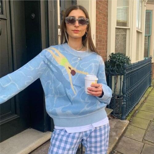 Sweet Blue Sweaters Women Fall 2021 Fashion Diving Waves Loose Lantern Sleeve Knitted Toppies Dropshipping Girls Pullovers