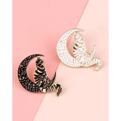Witch White Black Cats With Moon Enamel Pins Moon Phase Wizard Cat Cartoon Animal Lapel Brooches Bag Clothes Custom Jewelry Gift