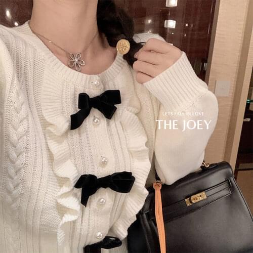 Spring/Autumn French Renaissance Retro Gentle Fairy Cardigan Offiec Lady Sweater Puff Sleeves Ruffled Bow Sweet Lolita Sweater