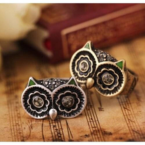 Vintage Crystal Owl Ring Alloy Metal Bronze Antique Animal Charm Tail Finger Rings for Women Girl Accessories Retro Jewelry Gift