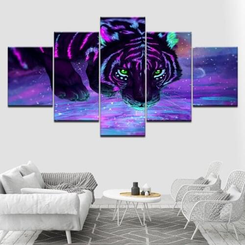 Green eyes purple Glowing tiger 5 Piece HD Wallpapers Art Canvas Print modern Poster Modular art painting Living Room Home Decor