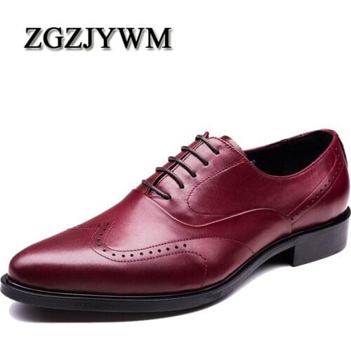 ZGZJYWM New Breathable Mens Business Lace-Up Black/Wine Red Formal Mens Dress Genuine Leather Wedding Oxfords Office Shoes