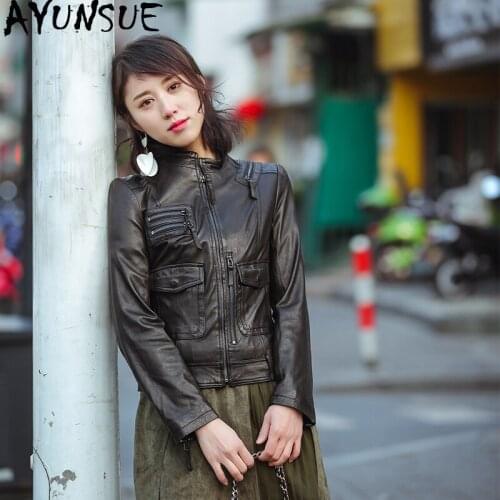 Womens Real Leather Jacket Short 100% Sheepskin Coat Women 2020 Spring Motorcycle Biker Jacket Korean Slim Fit QBL-03 KJ4151