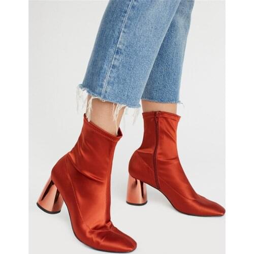 New Design Stretch Fabric Ankle Boots Elegance hot Selling Women Shoes Strange Heel Round Toe Square Heel Shoes big size