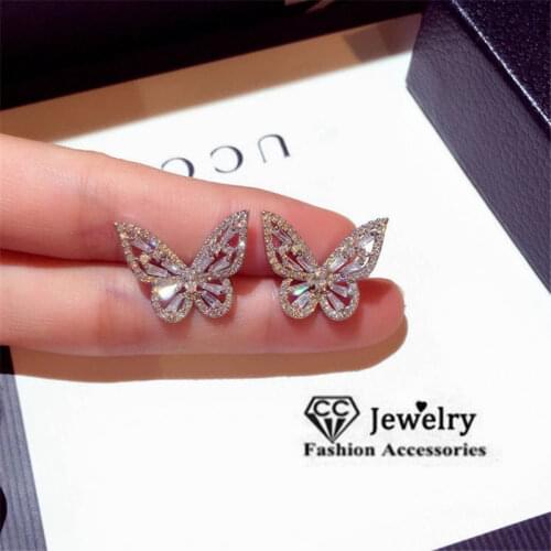Stud Earrings For Women 925 Silver Needles Butterfly Cubic Zirconia Temperament Brincos Simple Earring Fine Jewelry CCE730