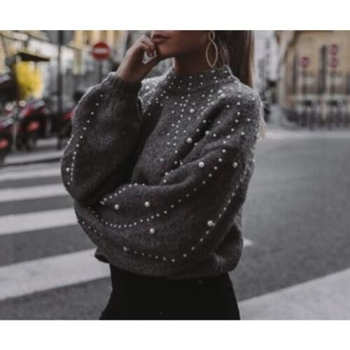 Womens O-Neck Pullovers Lady Casual Loose Pearl Decor Fashion Lantern Sleeve Sweater for Female New Pullover Knit Sweater