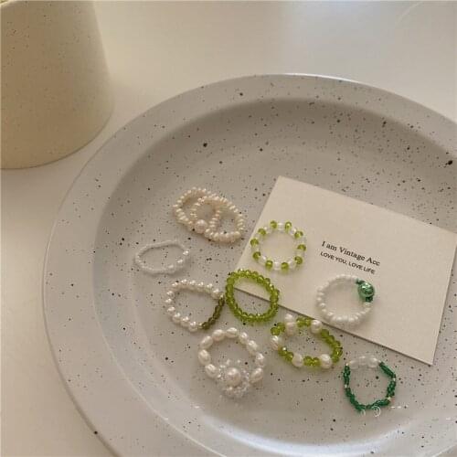 2021 INS Korean Retro Geometric Green Series Beaded Ring Freshwater Pearl Ring Girl Crystal Ring for Women Jewelry Gift