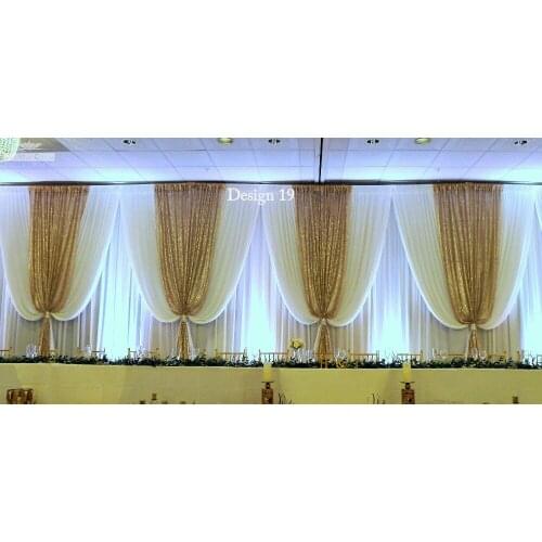 10ft (H) x 20ft (L) Shiny Gold Color Wedding Backdrop with white swags stage curtain Wedding Decoration