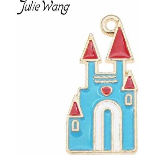 Julie Wang 3PCS Enamel Cartoon Castle Charms Blue Pink White Alloy Gold Tone Necklace Bracelet Earrings Jewelry Making Accessory