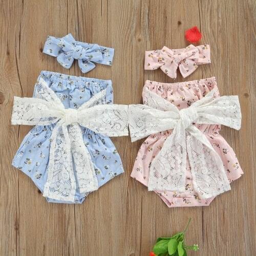 Summer Baby Girls Bodysuits Newborn Baby Clothes Toddler Girls Off Shoulder Lace Bowknot Flower Bodysuits Headband Soft Outfits