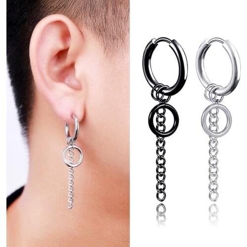 SOHOT New Unisex Titanium Star Stainless Steel Hoop Earrings HipHop Wholesale Punk Chic Round Geometric Tassel Chain Man Party