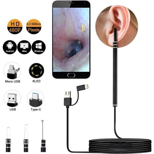 Digital Otoscope 5.5mm Visual Earwax Endoscope Earplugs Video USB Earpick Camera Type c Ear Removal Cleaning Tool for Android PC