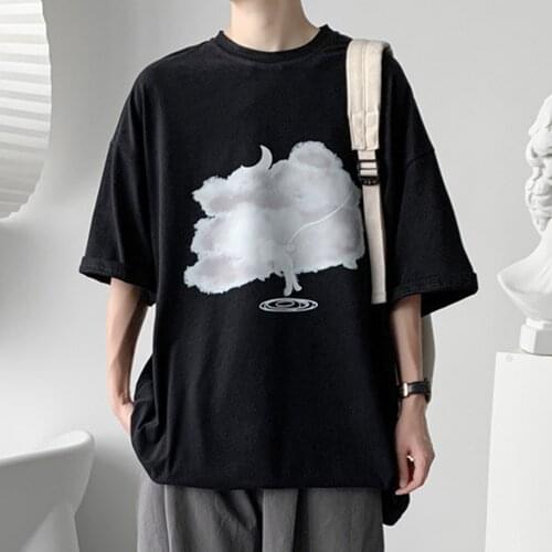 Oversized T-shirt mens loose trend brand abstract cloud bear pattern mens short-sleeved Japanese top black Tees