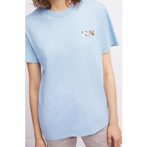 Summer New Style Double-headed Fox Lovers Embroidered Little Fox Embroidered Cotton Round Neck Short-sleeved T-shirt Women