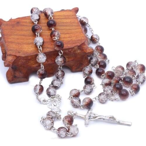 Round Natural Stone Beads Rosary Necklace Catholic Christian Jesus Cross Pendant Necklace for Women Prayer Jewelry Gifts