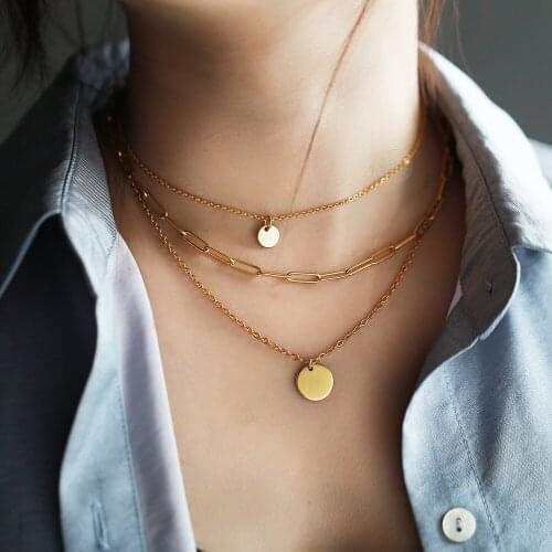 Multi Layered Choker Necklace for Women Gold Color Stainless Steel Rolo Box Link Chain Name Engraving Pendant Necklace LDN202