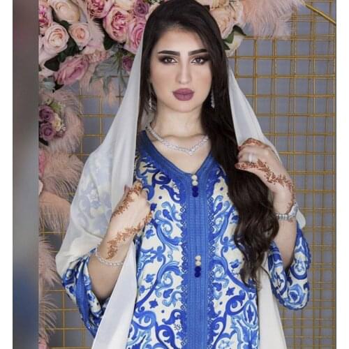 Fashion Internet sensation Muslim Dress for Women Blue Print Jalabiya Dubai Oman Arabic V Neck Long Sleeve Islamic Clothing