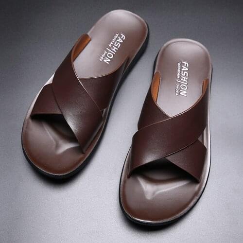 Topvivi slippers men Leather luxury Brand 2021 New Fashion Summer Men Shoes Vintage Flats Casual Non-slip Beach sandals men