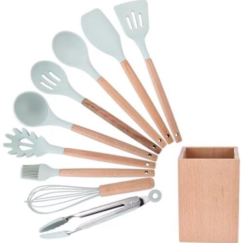 Storage Tube Kitchen Utensils 9 piece set Kitchenware set Spatula Soup Spoon set Silicone Wood Cooking Tools