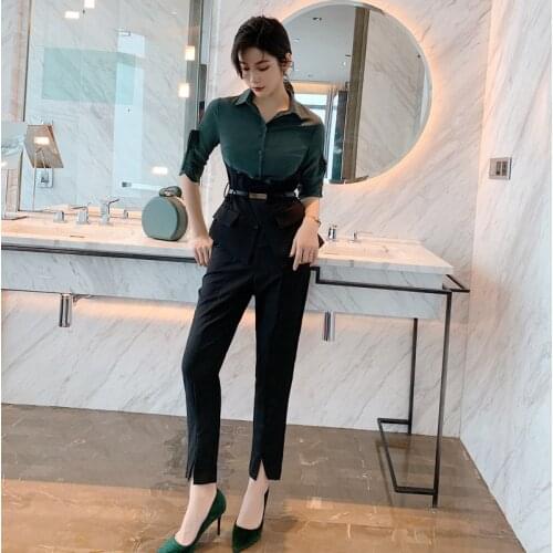 New arrival work style women sets patchwork elegant shirt and black pants temperamental high quality office lady women sets
