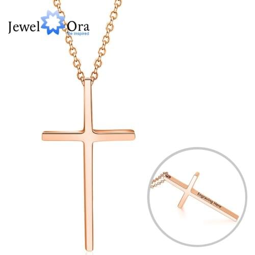 Personalized Engraving Cross Pendant Necklace Rose Gold Color Custom Name Stainless Steel Necklace Jewelry for Lovers (NE102707)