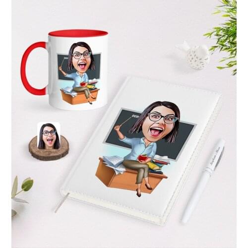 Personalized Women 'S Teacher Caricature of 2021 Organizer pen And Red Mug Seti-2