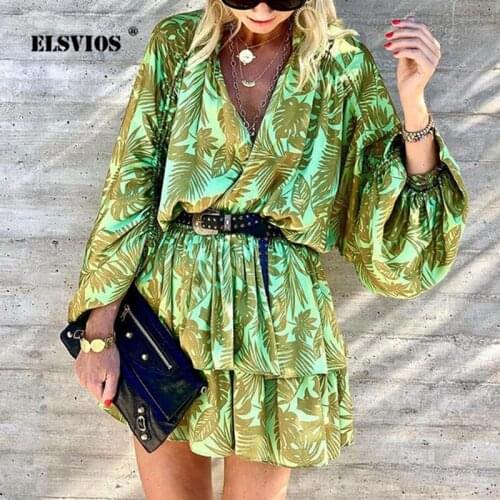 Vestidos Women Dress Autumn Casual Loose Green Print Dress Spring Sexy V Neck Lantern Sleeve Fashion Elegant Party Short Dresses