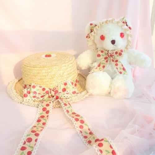 Cute Lolita Girl Cherry Bear Plush Hangbag Handmade Shoulder Bag Small Purse Bag Pearl Strap Flat Straw Hat Sun Hat Little Bag
