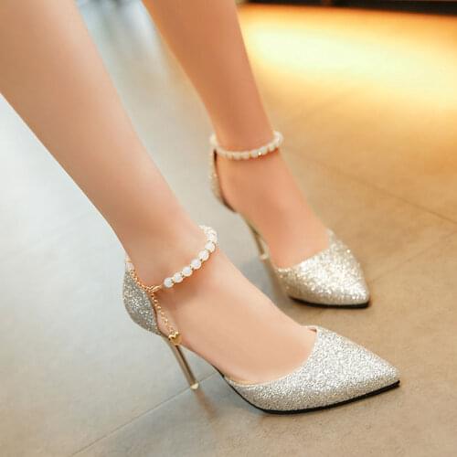 2020 early spring new 9CM pointed pearl chain buckle high heels fashion wild silver matte bridesmaid shoes wedding shoes