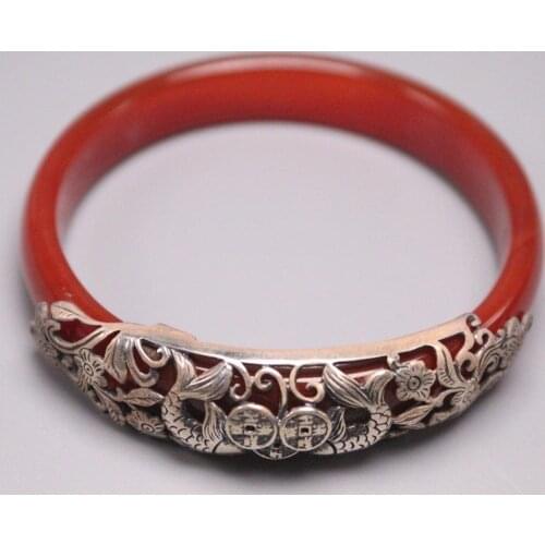Real 925 Sterling Silver And Red Agate Bracelet Width 13mm Pisces Relief Pattern Bangle Diameter 55mm