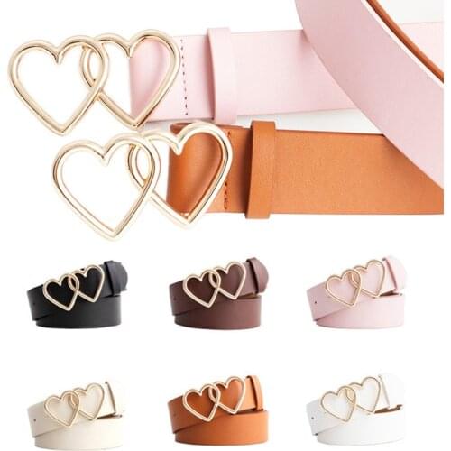 New Women PU Leather Belts High Quality Metal Double Heart Buckle Designer Luxury Female Waist Belt Dress Trouser Decorative
