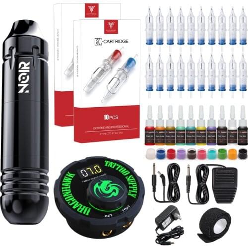 NOIR RCA Interface Rotary Tattoo Machine Set with Dragonhawk LCD Mini Power Pedal Tattoo Permanent Makeup Cartridge Needles Kit