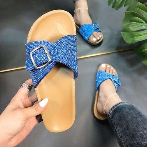 Women Sandals Fashion Metal Buckle Slippers 2021 New Female Chunky Shoes Women Flat Slip On Black PU Leather Platform Shoes