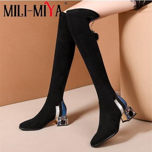 MILI-MIYA Fashion Women Genuine Leather Boots Stretch Flock Over-The-Knee Zipper Round Toe Square Heels Plus Size 34-42