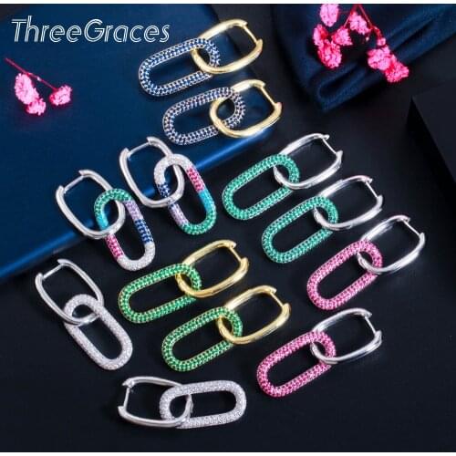 ThreeGraces Fashion Geometry Shape Colorful CZ Gold Color Double Circles Hoop Earring for Ladies Party Jewelry Accessories ER550